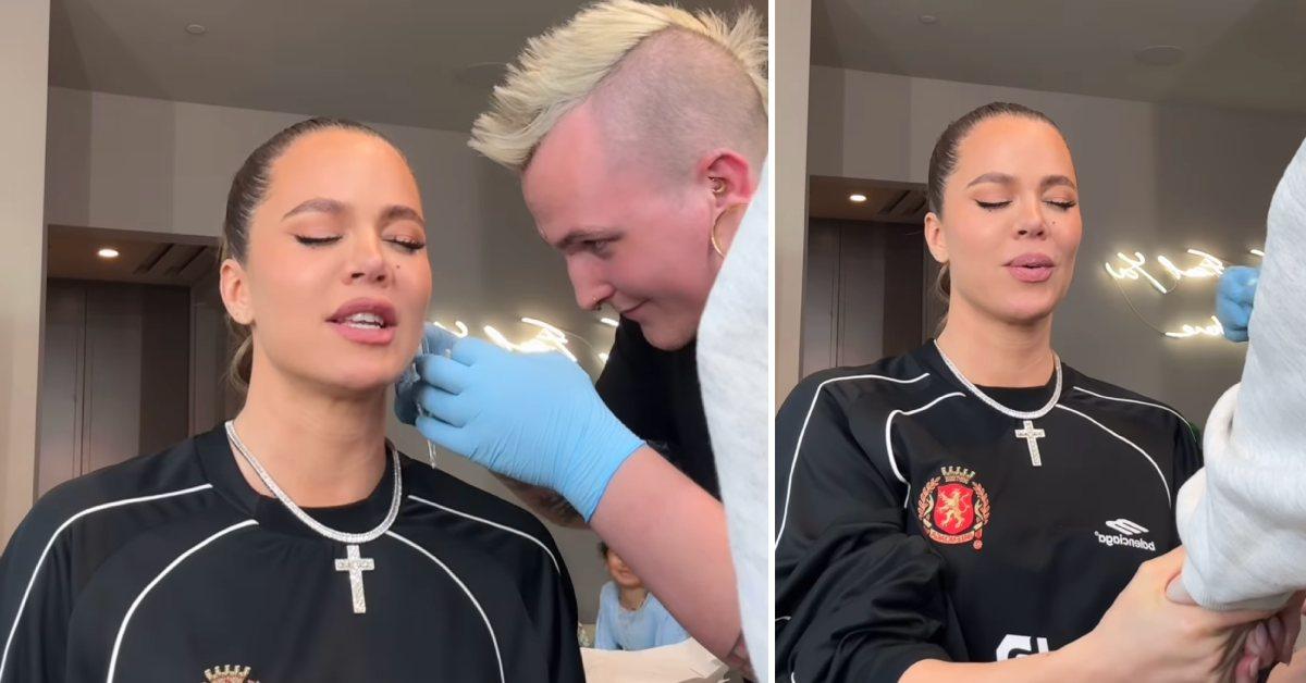 Screenshots of Khloe Kardashian getting her ear pierced.