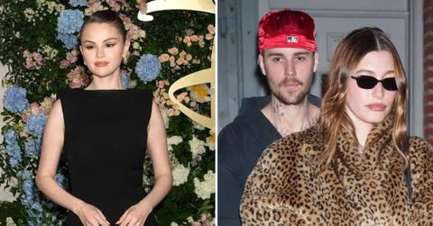 Photo of Selena Gomez and a photo of Justin and Hailey Bieber