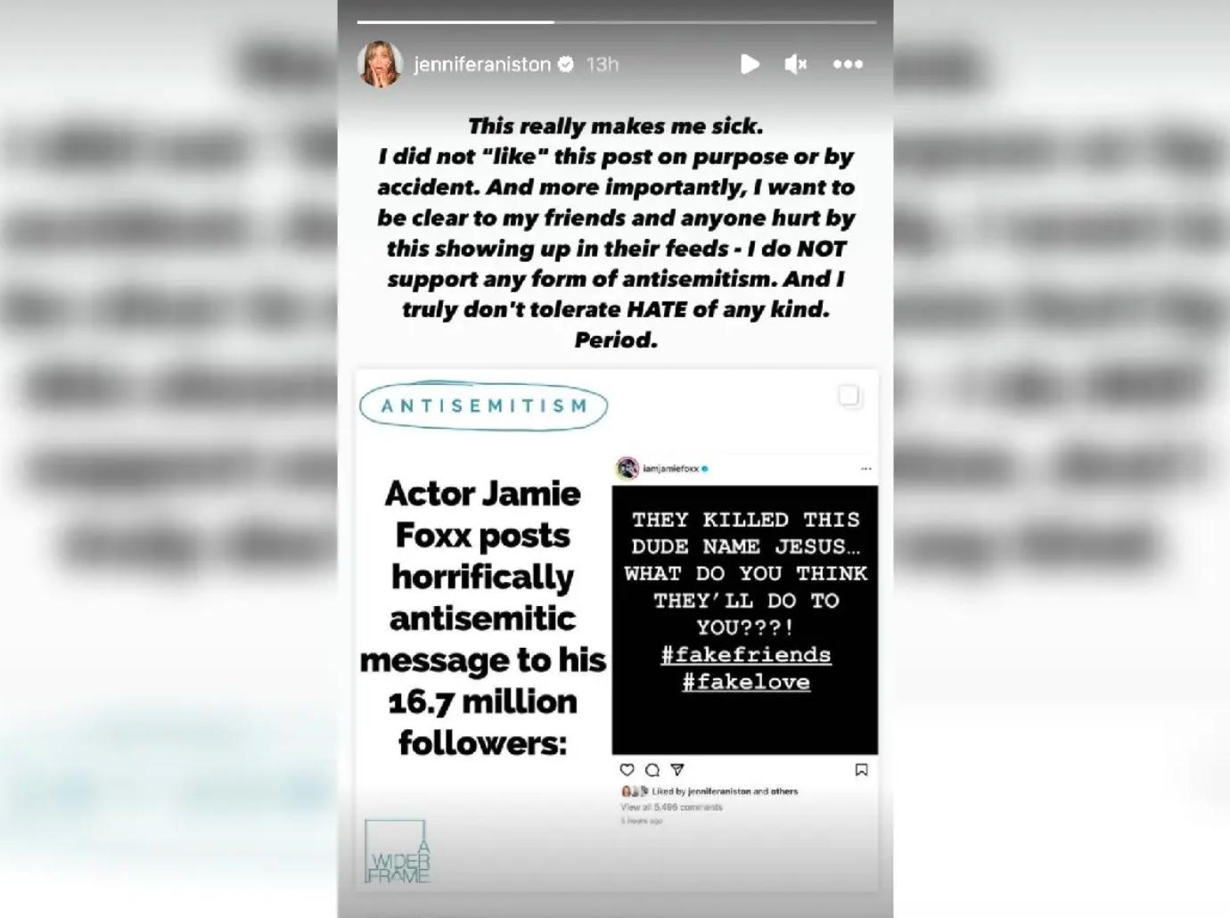 jennifer aniston instagram comments jamie foxx antisemitism scandal