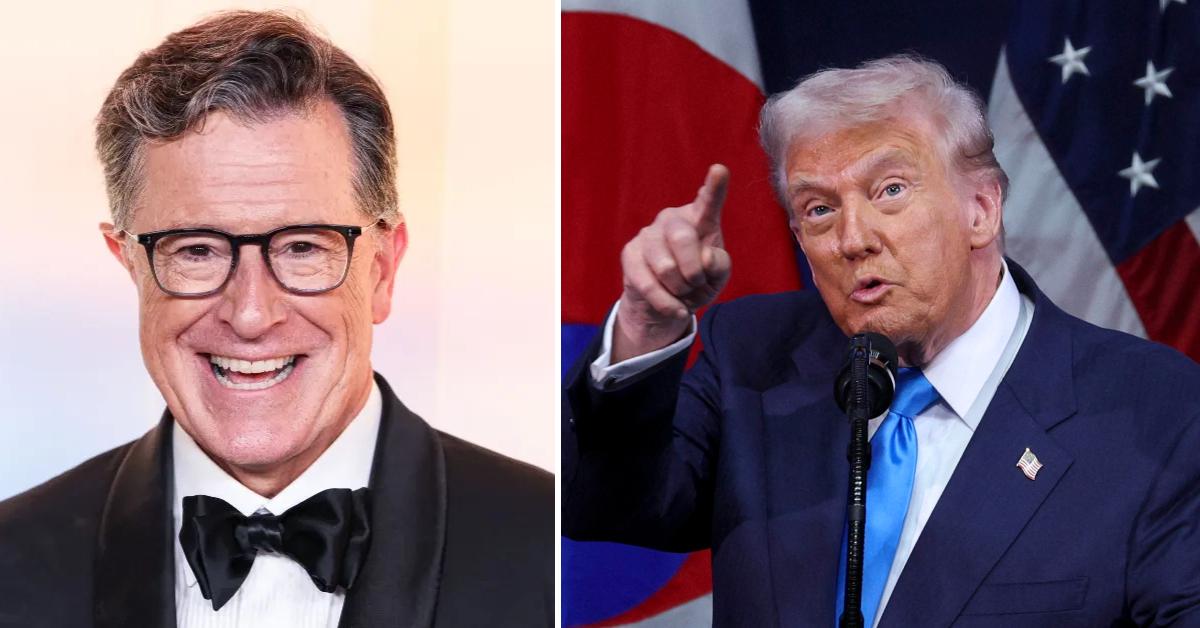 Split photo of Stephen Colbert and Donald Trump.