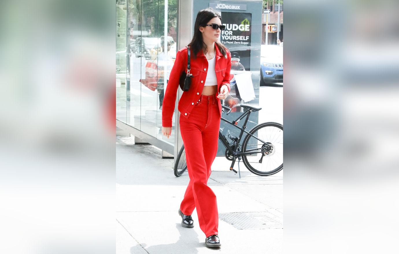 kendall jenner red jeans jacket