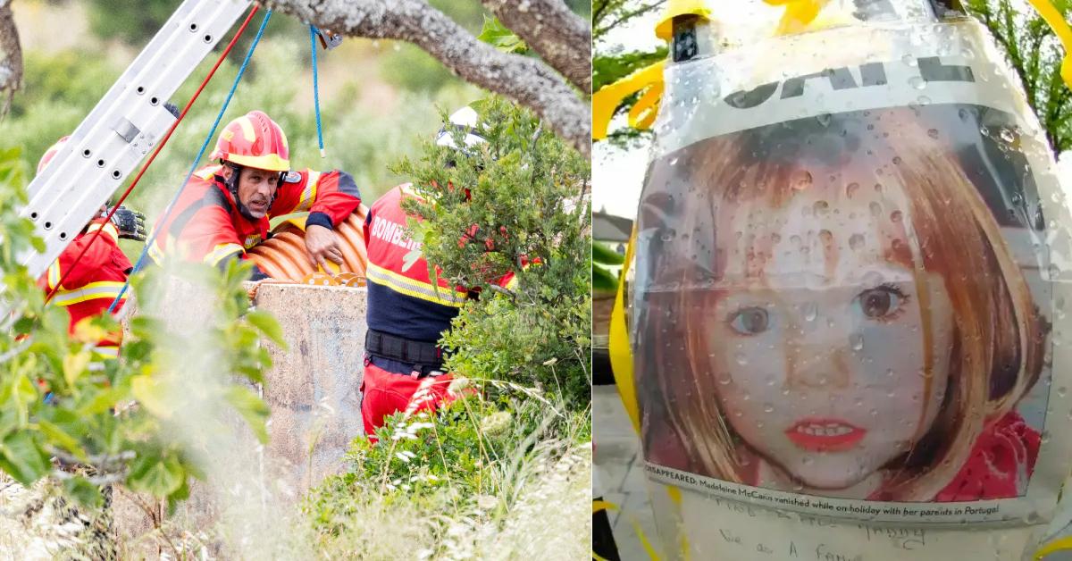 Photo of search party; poster of Madeleine McCann.
