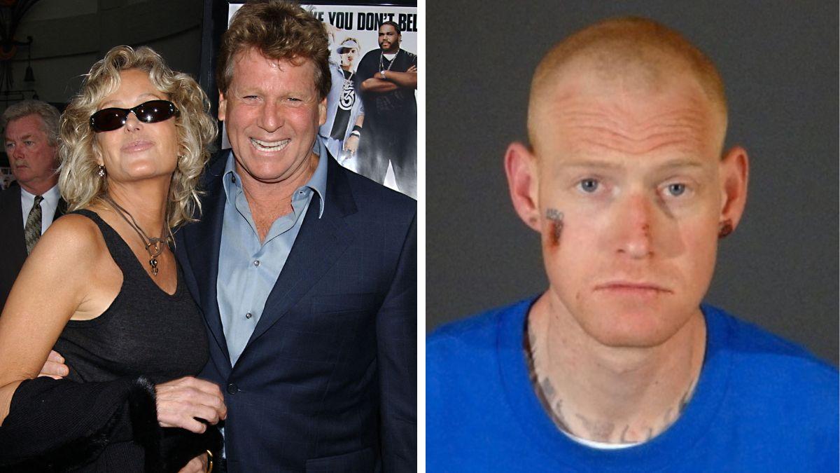 split photo of farrah fawcett and ryan o'neal and their son redmond o'nearl