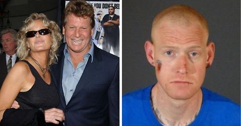 split photo of farrah fawcett and ryan o'neal and their son redmond o'nearl