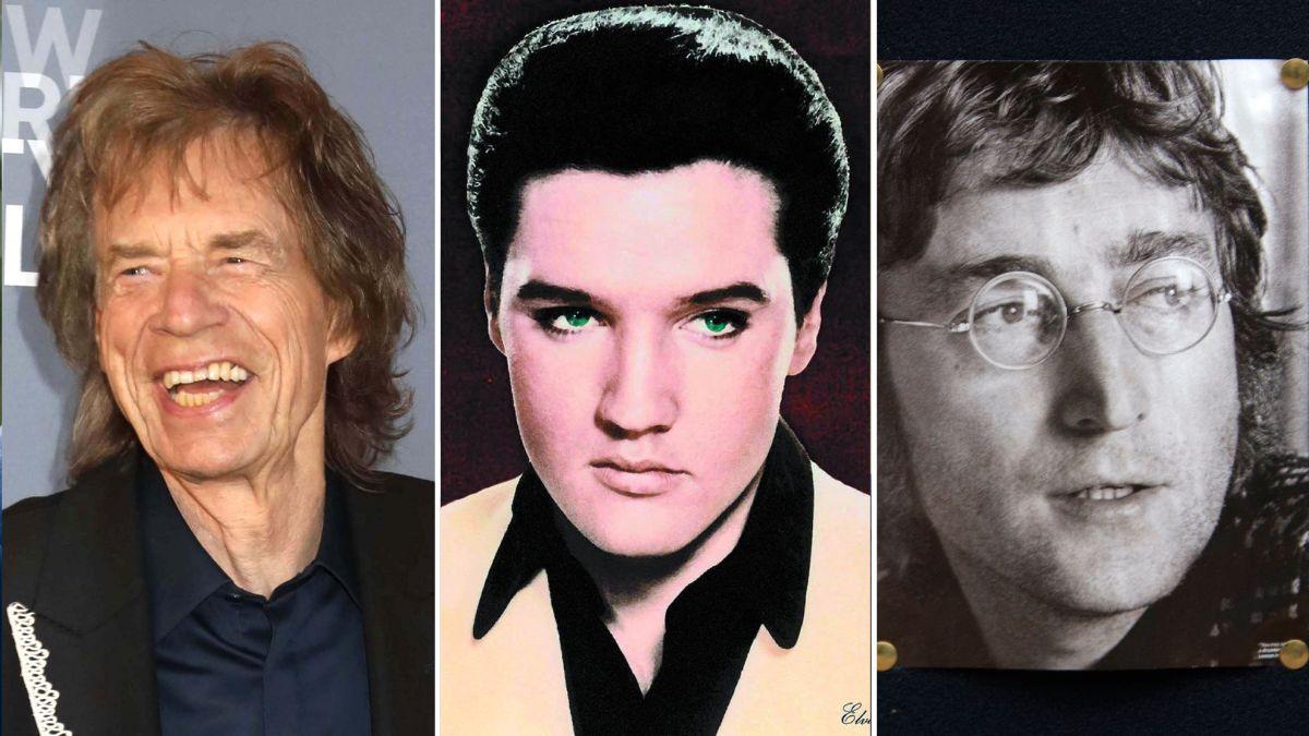 Split photo of Mick Jagger & Elvis Presley & John Lennon