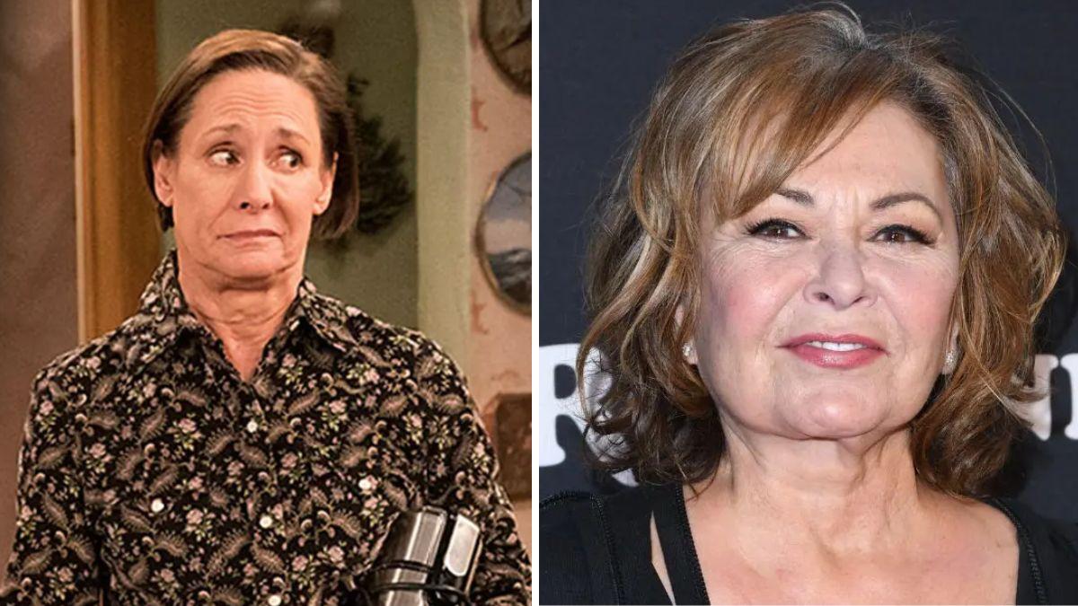 split photo of laurie metcalf and roseanne barr