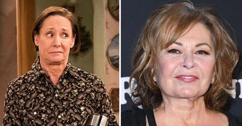 split photo of laurie metcalf and roseanne barr