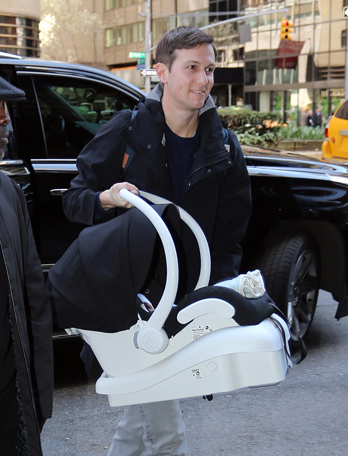 Ivanka Trump and Jared Kushner arrive home with baby Theodore in New York City.