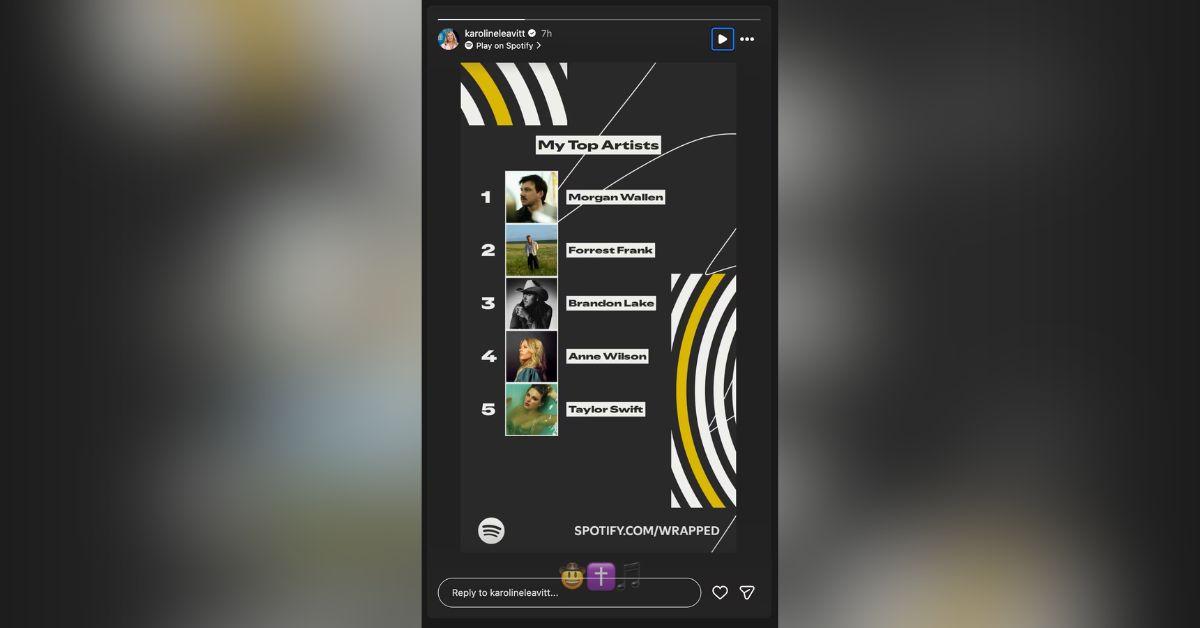 image of Taylor Swift took the fifth spot on Karoline Leavitt's most-streamed artists of 2025 list on Spotify.