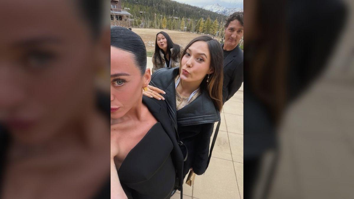 Photo of Katy Perry posed alongsider her boyfriend, Justin Trudeau, and Olympic skier Eileen Gu.