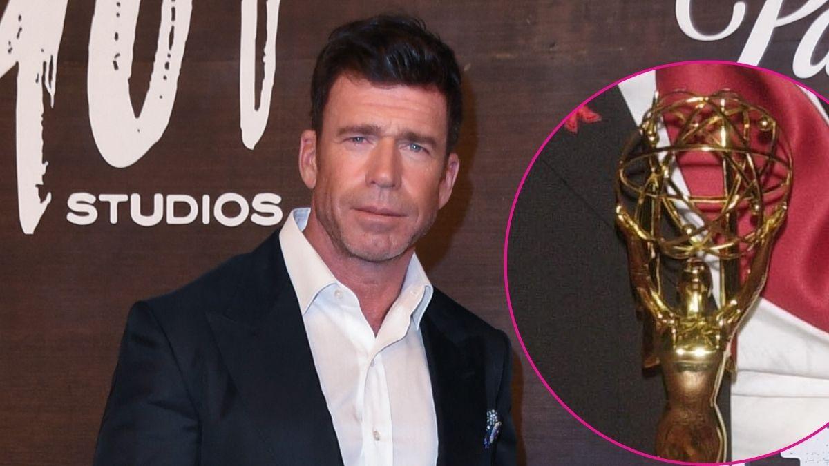 Composite photo of Taylor Sheridan and an Emmy.
