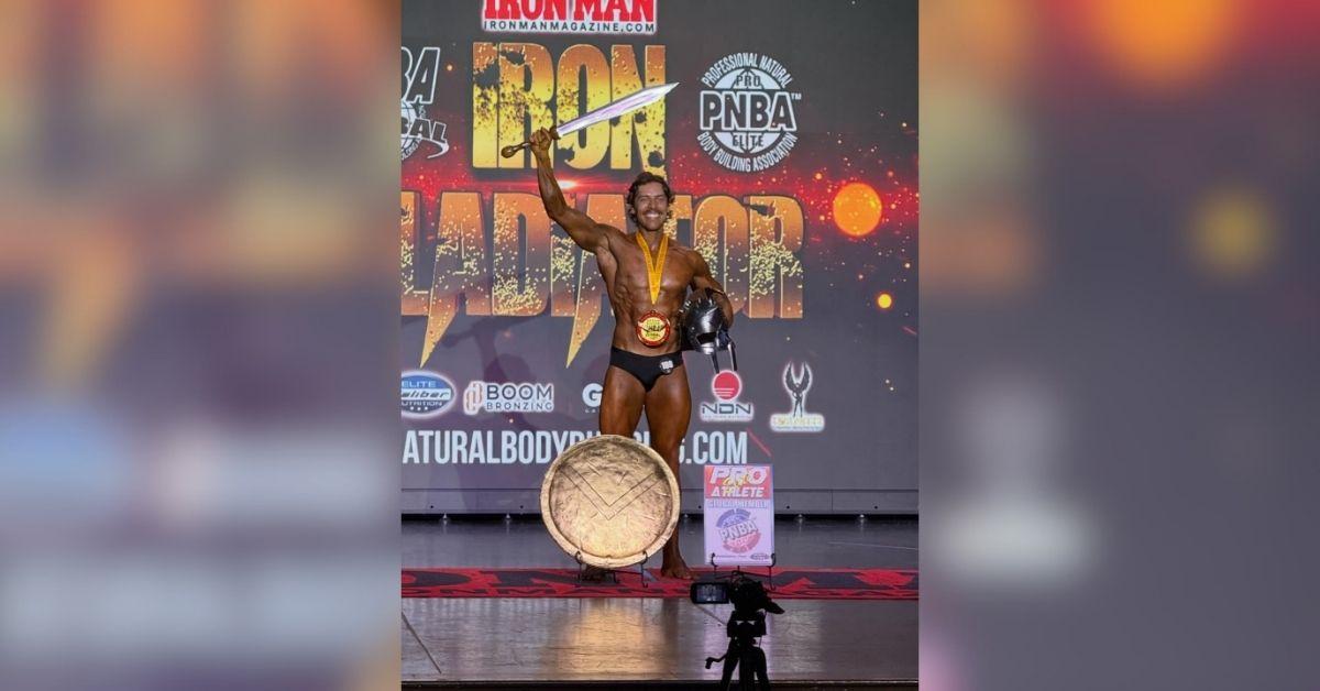 image of Arnold Schwarzenegger earned his pro card at the INBA Iron Gladiator event.