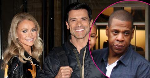 Split photo of Kelly Ripa, Mark Consuelos, and Jay-Z
