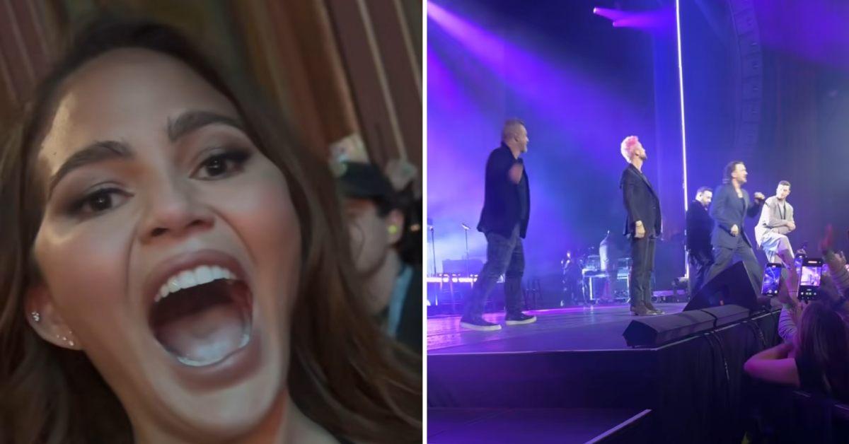 chrissy teigen freaks out nsync surprise performance justin timberlake concert watch