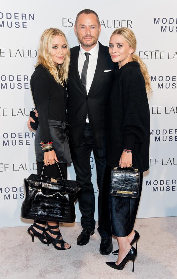 _Estee Lauder Modern Muse Fragrance Launch Mary Kate Olsen, makeup artist Tom Pecheux and Ashley Olsen