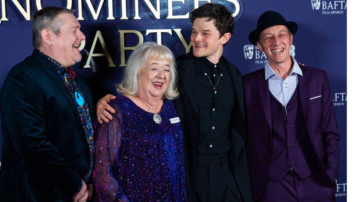 Image of John Davidson (L) is pictured on the left alongside nurse Dottie Achenbach, 'I Swear' star Robert Aramayo and Murray Gladstone.