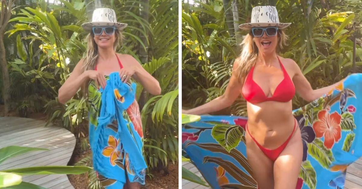 heidi klum pops out skimpy brown top thong beach watch