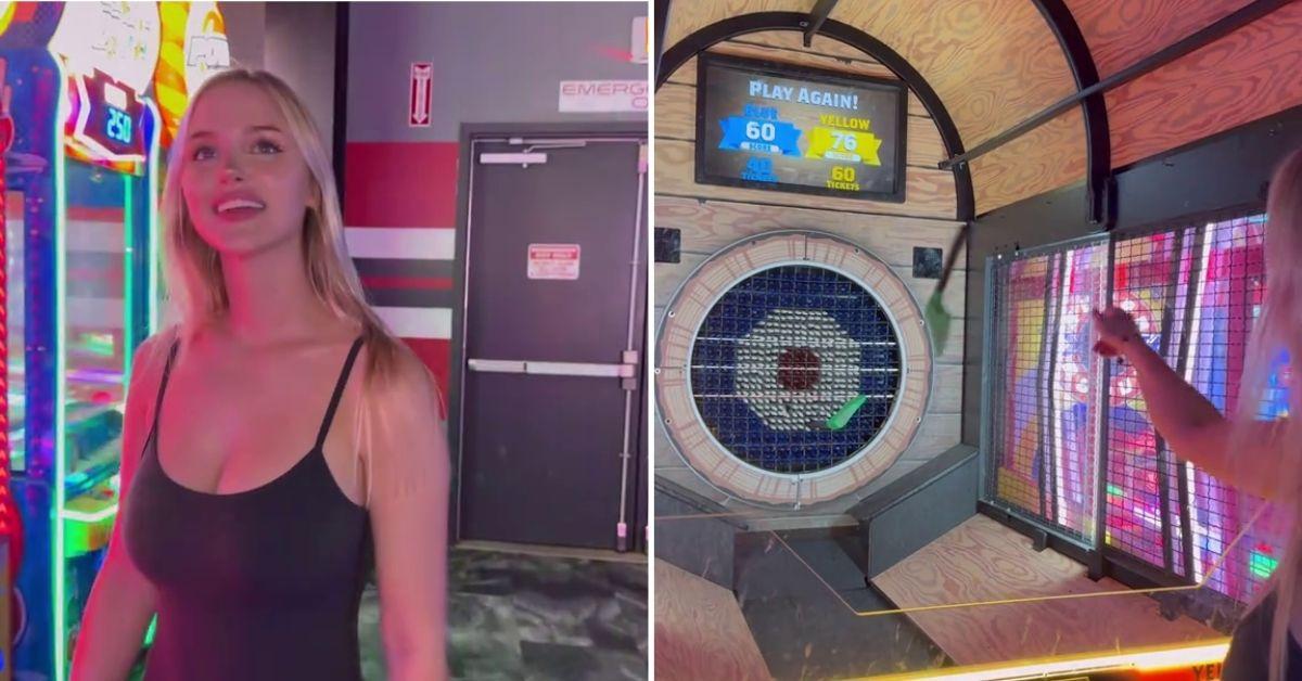 A collage featuring Tana Rain. On the left, she poses indoors in a black crop top. On the right, she plays an arcade axe-throwing game, holding a green foam axe in front of colorful machines.