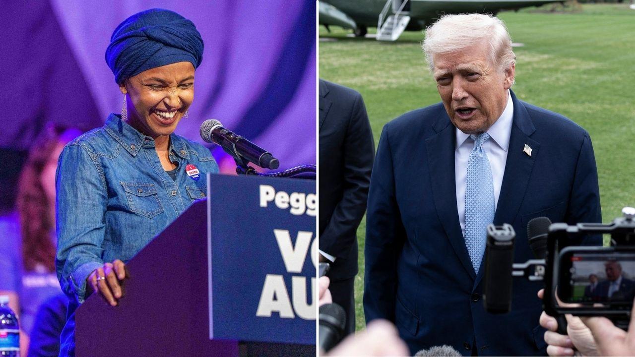 Split photo of Ilhan Omar and Donald Trump