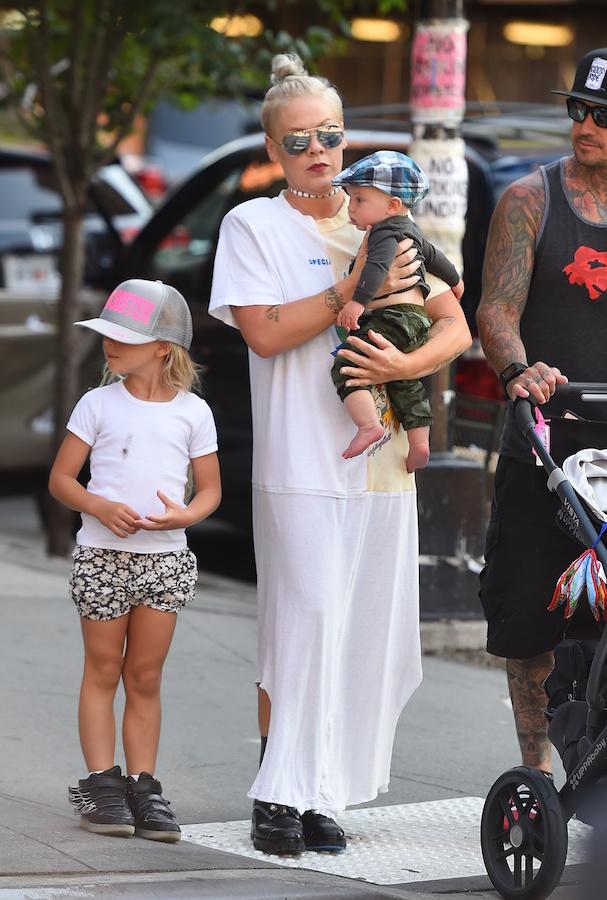 Pink and her husband Carey Hart take the kids to the park in Tribeca