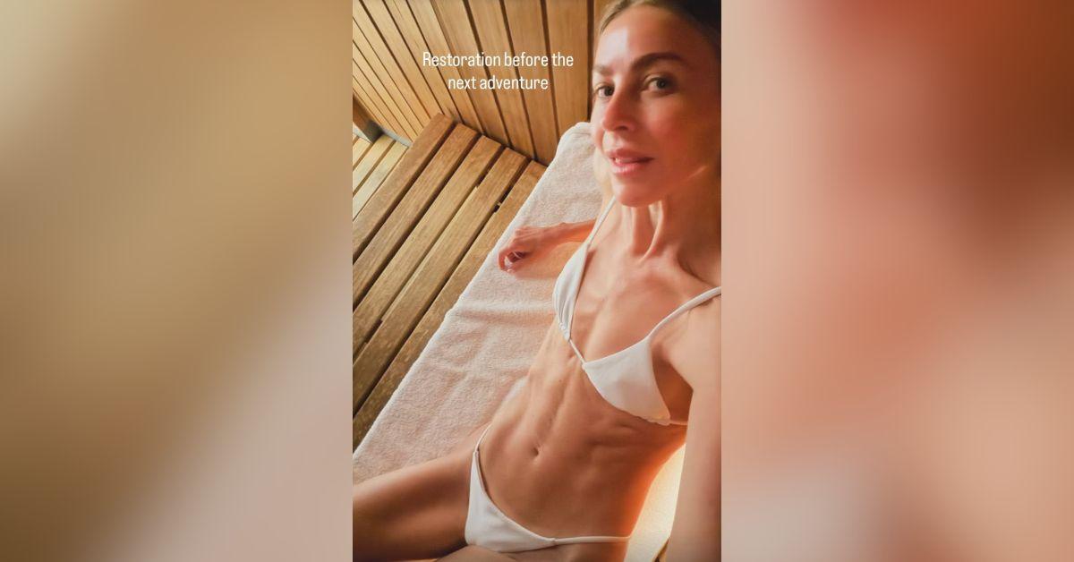 image of Julianne Hough shared a new Instagram Story showing herself relaxing in a white bikini during her European vacation.