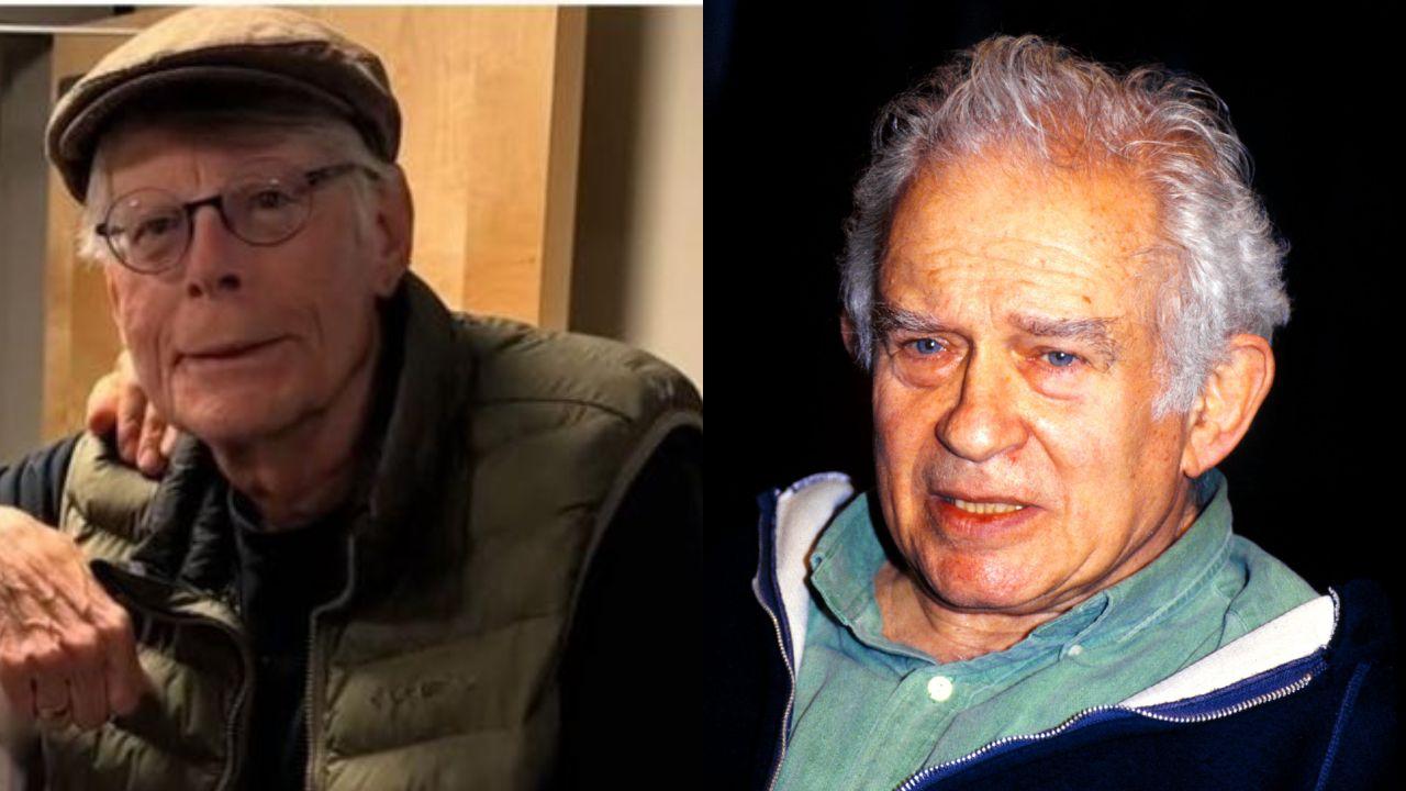 Split image of Legs McNeil and Norman Mailer.