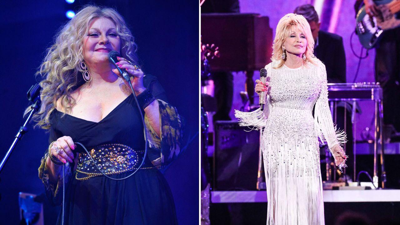 Split photo of Stella Parton and Dolly Parton