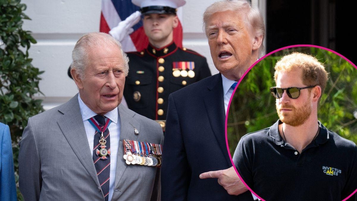 Split photo of President Donald Trump, King Charles and Prince Harry.