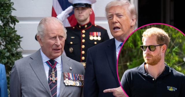 Split photo of President Donald Trump, King Charles and Prince Harry.