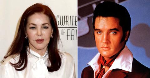 Split photo of Priscilla Presley and Elvis Presley.