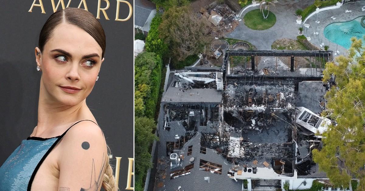 Photo of Cara Delevingne and an image of her destroyed house.