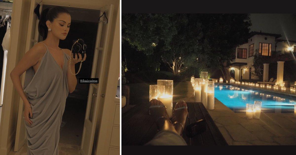 Photo of Selena Gomez's fiancé Benny Blanco, set up dozens of candles in their backyard for an Emmys after-party.