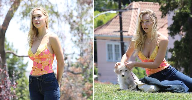 alexis ren in the park with her dog angel