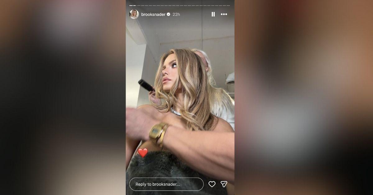 image of Brooks Nader nearly had a wardrobe malfunction in a glam photo.