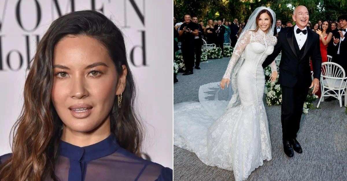 Photo of Olivia Munn and a photo of Lauren Sanchez with Jeff Bezos