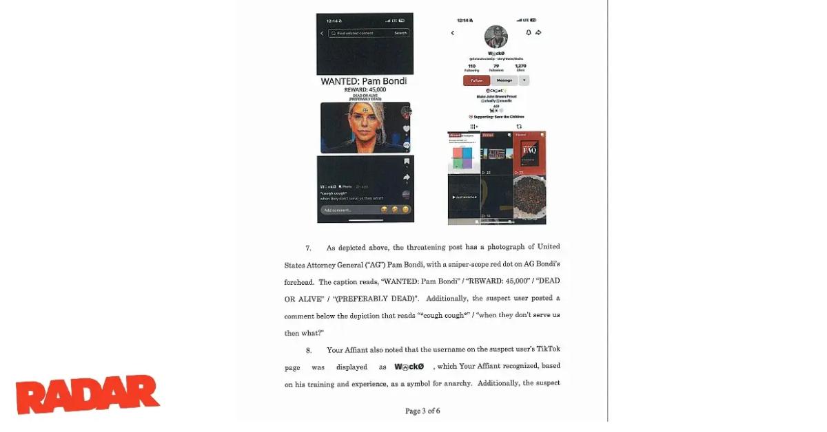 Image of An affidavit showed the TikTok post that threatened Pam Bondi's life.
