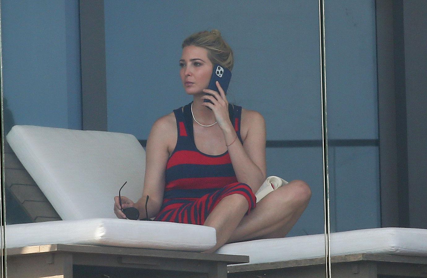 ivanka trump red and black striped dress lunch with son balcony miami