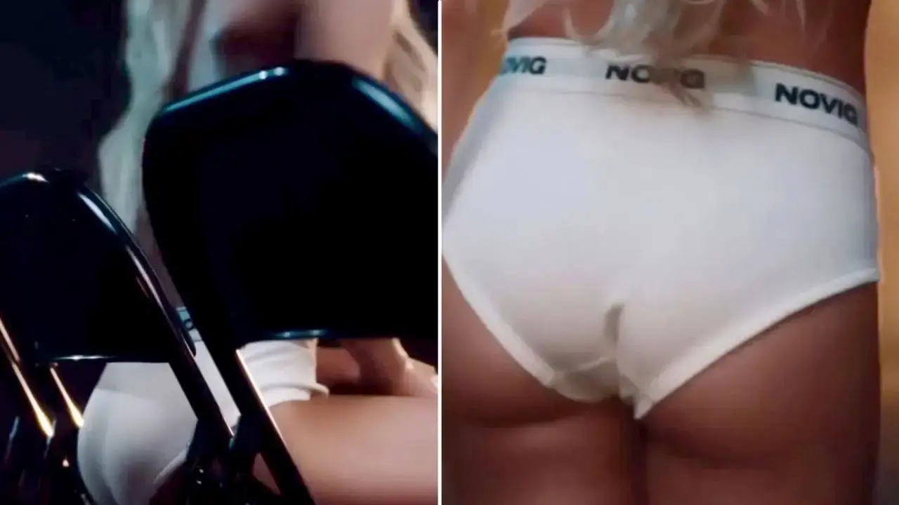Image of Sydney Sweeney posed in white Novig underwear in a new, follow up commercial.