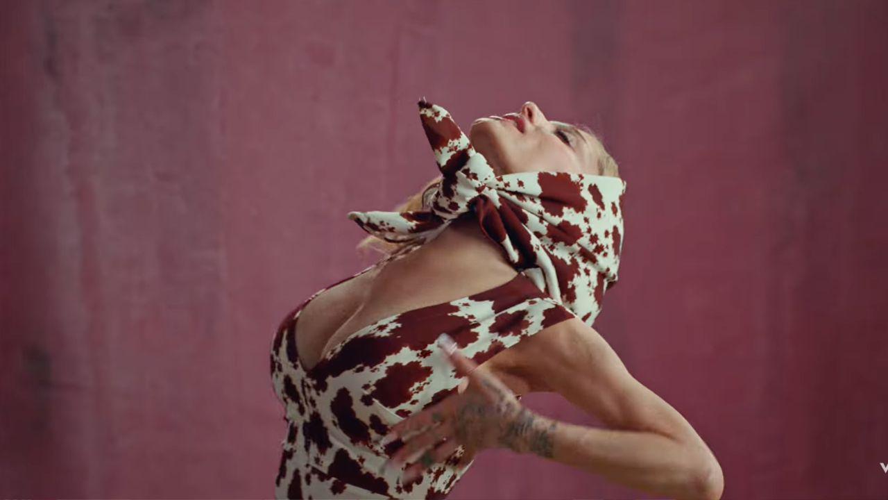photo of The crooner wore a country-inspired look and a blonde wig in one part of the music video.