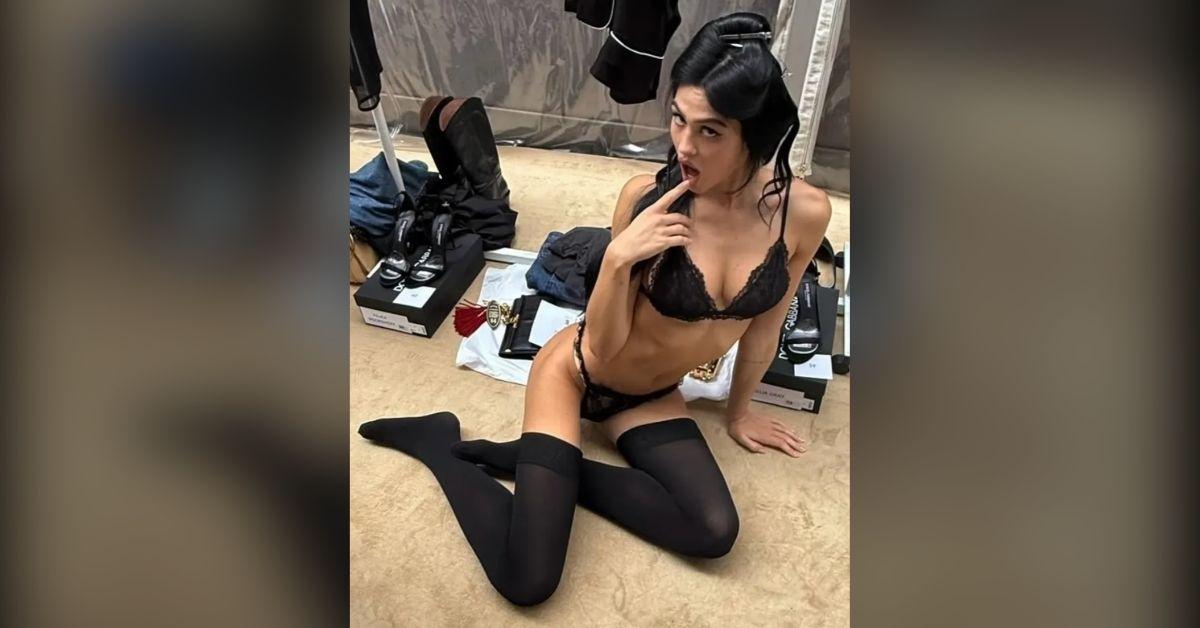 Photo of Amelia Gray Hamlin stripped down as she was styled during Paris Fashion Week.