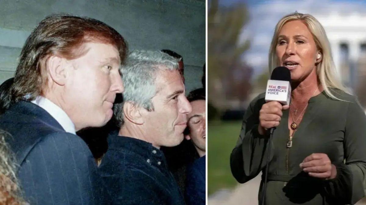 Composite photo of Donald Trump, Jeffrey Epstein and Marjorie Taylor Greene