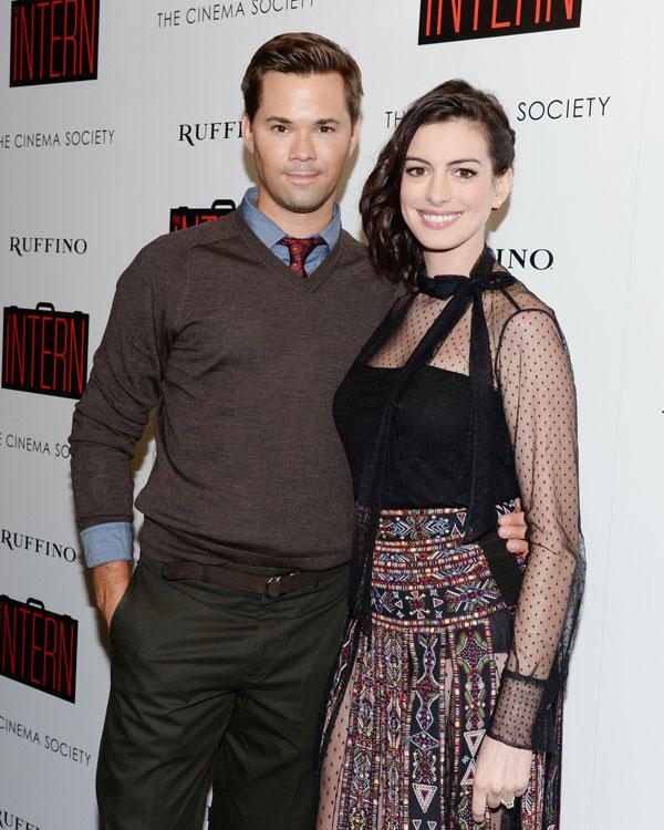 Andrew Rannells and Anne Hathaway attend the premiere of The Intern presented by the Cinema Society and Ruffino Winery&#8212;Credit BFA&#8212;Clint Spaulding