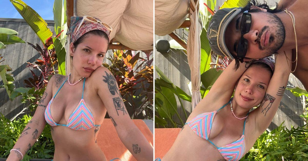 Photo of Halsey took some time to pose in a blue and pink striped bikini.