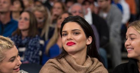 Kendall Jenner sits court side during NY Knicks game at Madison Square Garden with with Hailey Baldwin and Gigi Hadid