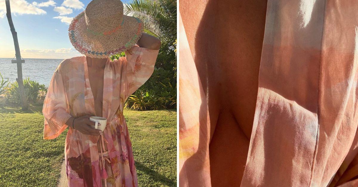 image of The actress stunned in a floral cover-up with a plunging neckline and a sleek black swimsuit.