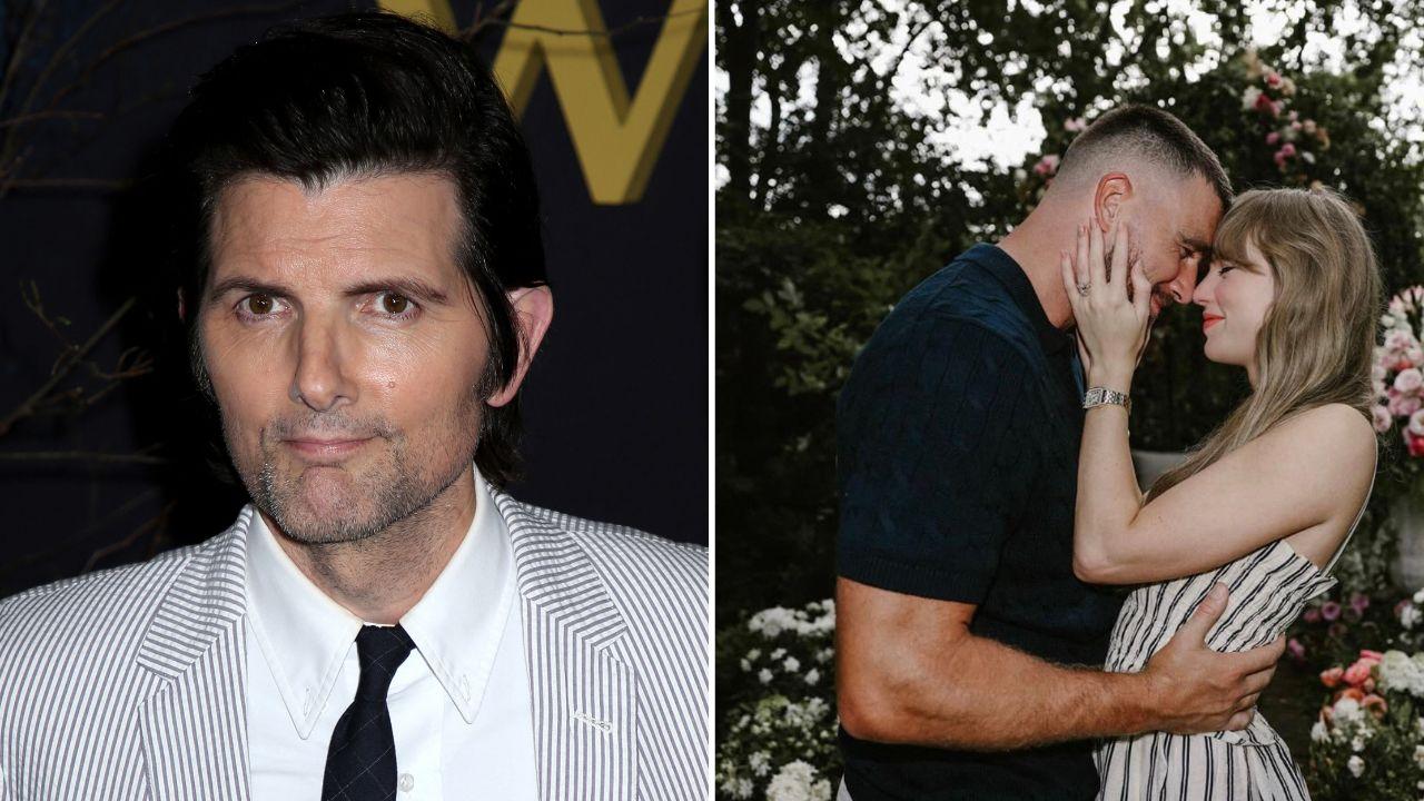 Split photo of Adam Scott and Taylor Swift and Travis Kelce