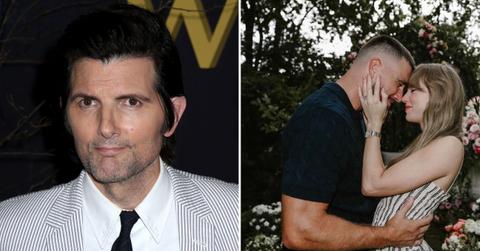 Split photo of Adam Scott and Taylor Swift and Travis Kelce