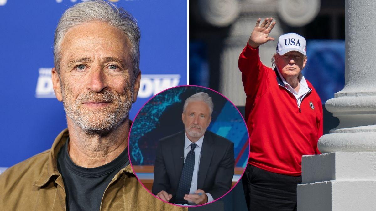 Split photo of Jon Stewart and Donald Trump