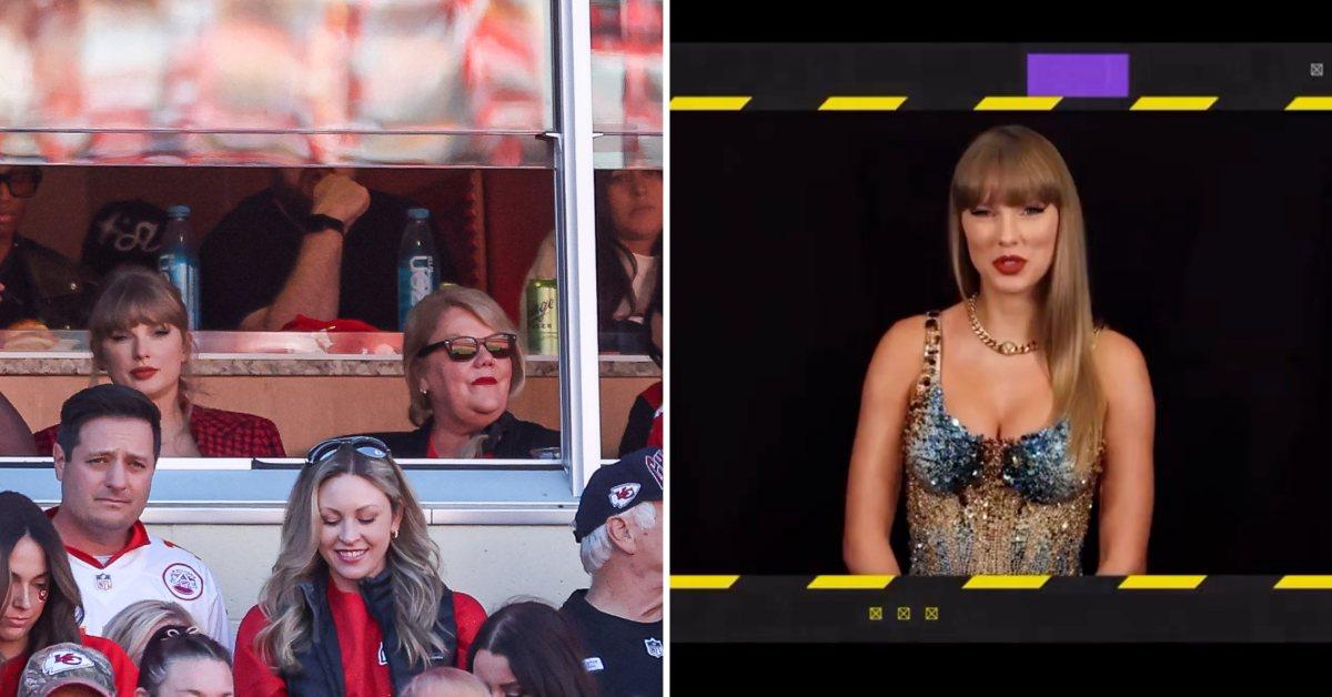 A photo of Taylor Swift at the Chiefs game on November 10 and an image from her MTV EMAs acceptance speech.