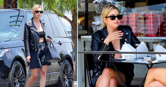 ashley benson goes to lunch in biker jacket
